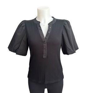 DKNY Rib Knit Crinkle Sleeve Henley Top Puff Sleeve sz medium Stretchy